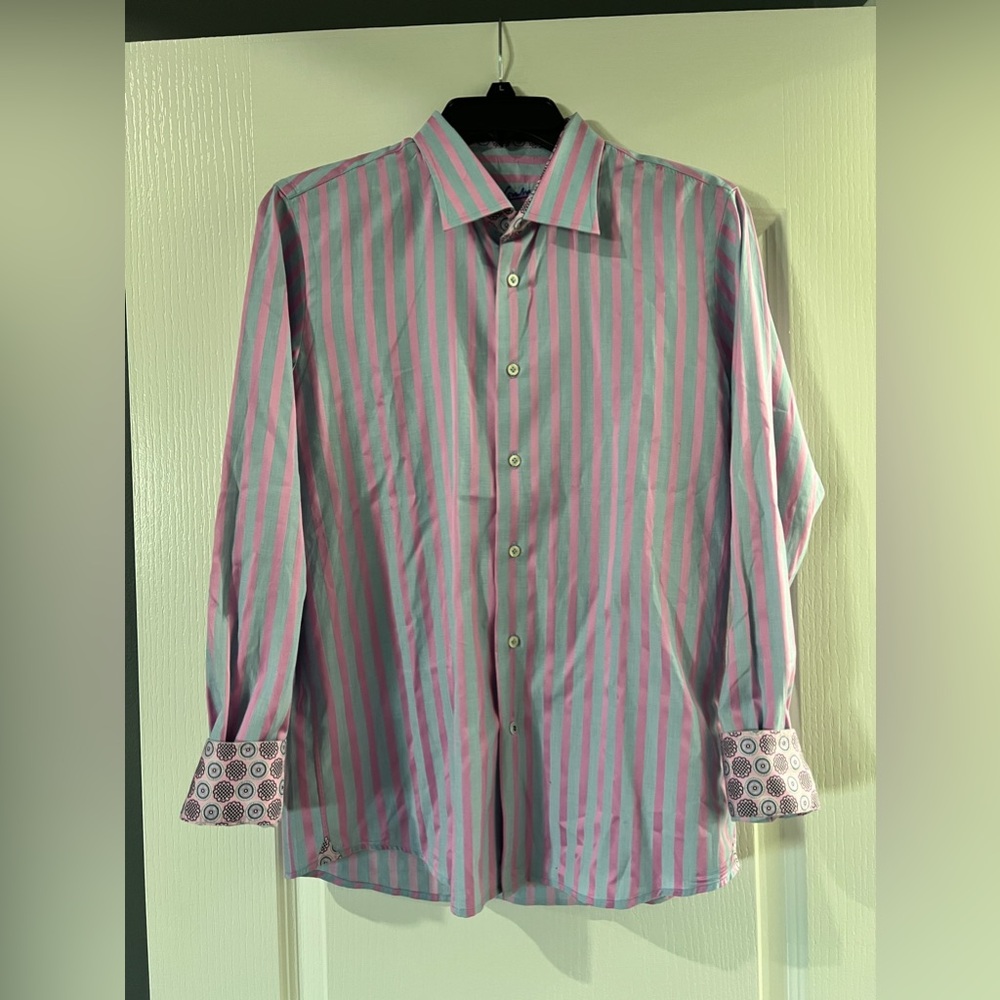 Robert Graham Flip Cuff Pink Silver Striped Button Down Shirt Size XL (18-20)Boy